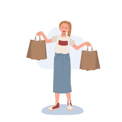 Shopping concept. woman showing her shopping bags. Flat cartoon vector illustration