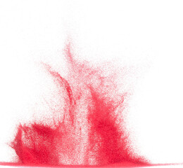 Small size red Sand flying explosion, blood sands grain wave explode. Abstract cloud fly. Red colored sand splash throwing in Air. White background Isolated high speed shutter, throwing freeze stop