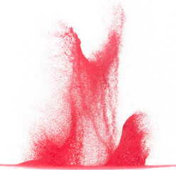 Small size red Sand flying explosion, blood sands grain wave explode. Abstract cloud fly. Red colored sand splash throwing in Air. White background Isolated high speed shutter, throwing freeze stop