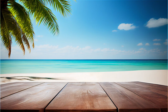 Beach background with wooden board, palm trees and the sea ideal for product placement with lots of copy space
