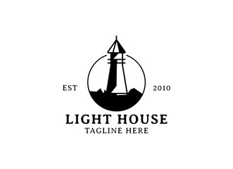 Lighthouse, Beacon logo icon. Vector Illustration. Modern linear simple logotype template. Lighthouses and ocean waves.