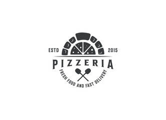 Firewood brick oven with shovel a pizza logo design vector
