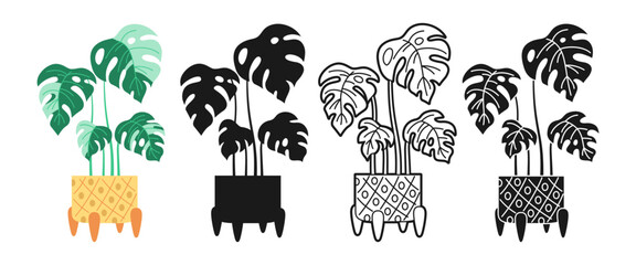 House potted plant monstera cartoon icon set. Exotic houseplants flowerpot line symbol. Botanical house monstera plant potted ceramic doodle, icon or silhouette collection. Foliage plant in pot vector © neliakott