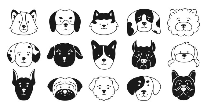 Dog faces emotion sketch doodle character set. Cute puppy kawaii head muzzle stamp icon. Smiling funny childish doggy pet baby press. Illustration comic template for kid print template card, cover