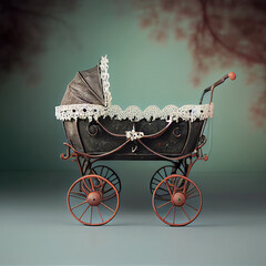 Generative AI: vitange baby carriage in a old background for children's photo session