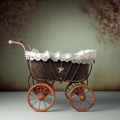 Generative AI: vitange baby carriage in a old background for children's photo session