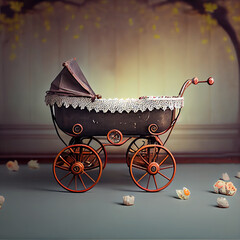 Generative AI: vitange baby carriage in a old background for children's photo session