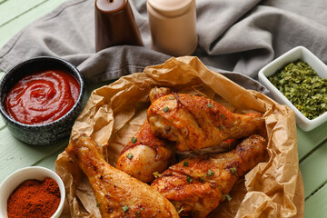 Baking paper with tasty baked chicken legs and spices on color wooden table, closeup