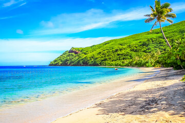 Tropical sandy beach at summer day in Fiji Islands, Pacific ocean