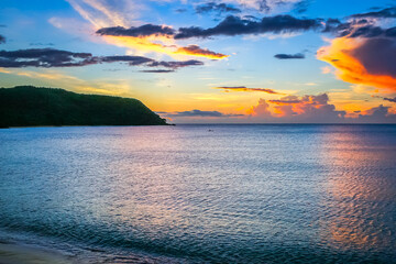 Tropical sandy beach at summer day in Fiji Islands, Pacific ocean