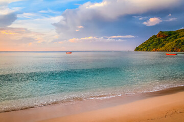 Tropical sandy beach at summer day in Fiji Islands, Pacific ocean