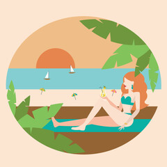 Woman sunbathing with cocktail in hand 
on paradisiacal beach