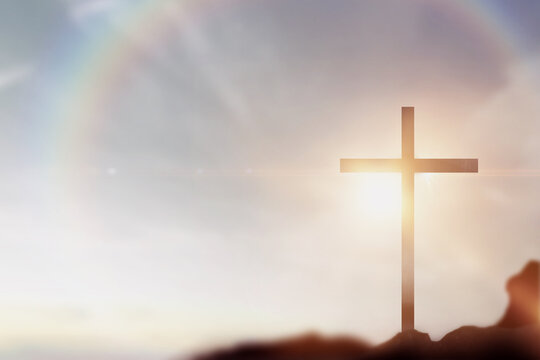 gold sunrise sky, cross jesus hope, rainbow background, golden god cross wallpaper poster design, religion faith
