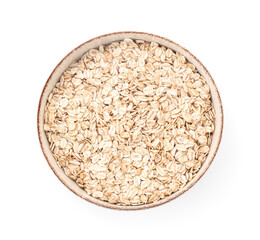 Bowl of raw oat flakes on white background