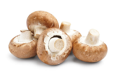 Heap of fresh champignon mushrooms on white background