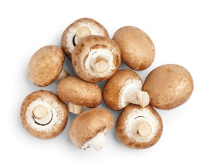 Heap of fresh champignon mushrooms on white background