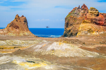 beach in Volcanic landscape, active volcano white island, north New Zealand