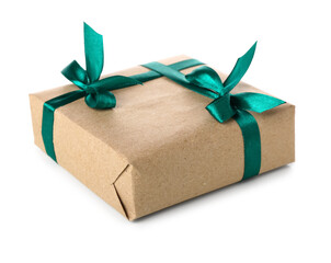 Gift box tied with beautiful green ribbon on white background