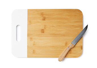 Clean wooden cutting board with knife on white background
