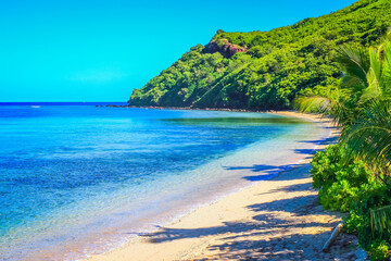 Tropical sandy beach at summer day in Fiji Islands, Pacific ocean