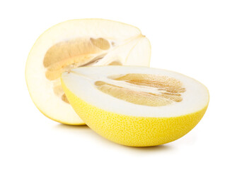 Juicy halves of pomelo fruit on white background