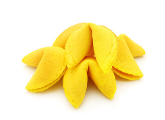 Yellow fortune cookies on white background