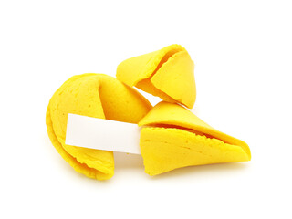 Yellow fortune cookies with piece of paper on white background
