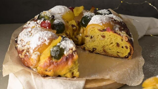 Bolo do Rei or King's Cake, Made for Christmas, Carnavale or Mardi Gras on kitcthen countertop.