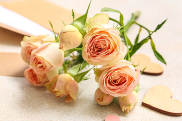 Bouquet of beautiful roses on light background, closeup