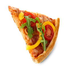 Slice of tasty pizza with sausage, mushrooms and arugula on white background