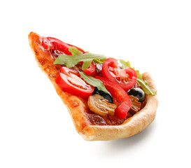 Slice of tasty pizza with sausage, olives and tomatoes on white background