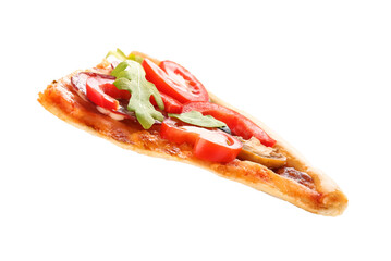 Slice of tasty pizza with sausage, olives and tomatoes on white background