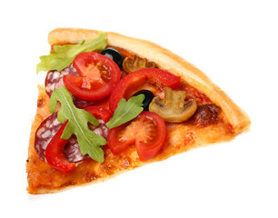 Slice of tasty pizza with sausage, olives and tomatoes on white background