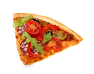 Slice of tasty pizza with sausage, olives and tomatoes on white background