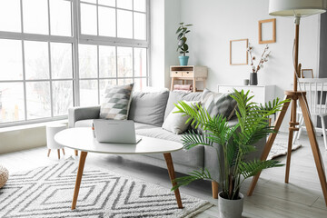 Interior of light living room with grey sofa, tables and laptop