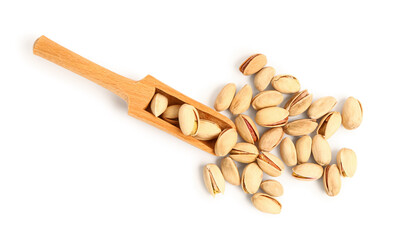 Tasty pistachio nuts and scoop isolated on white background