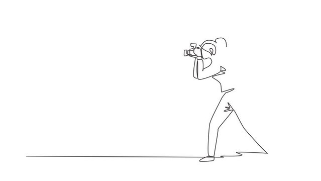 Animated self drawing of continuous line draw woman journalist or reporter with backpack making pictures. Photographers of paparazzi taking photo with digital cameras. Full length one line animation