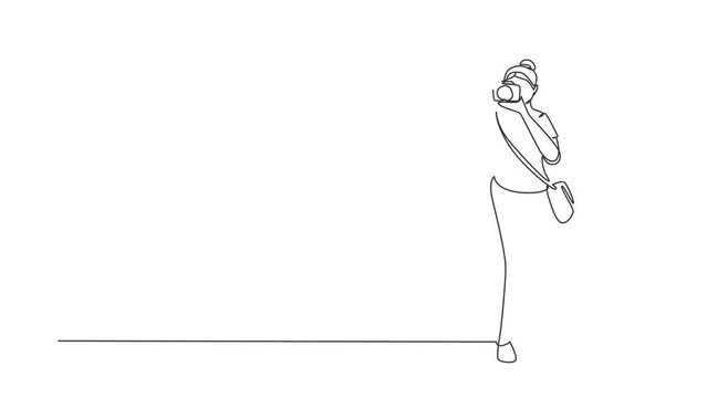 Animated self drawing of continuous line draw woman with camera, sling bag taking pictures. Female paparazzi or journalist occupation, digital photography hobby. Full length single line animation