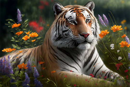 Beautiful Tiger And Flowers Illustration