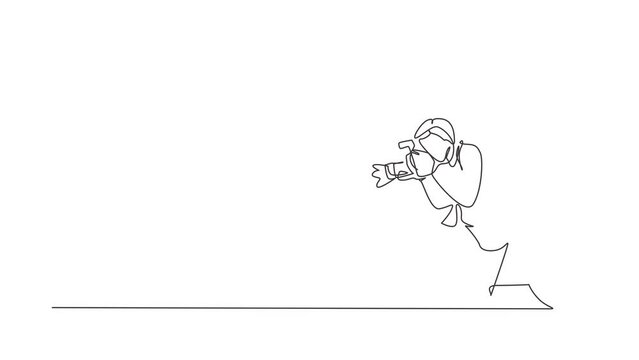 Self drawing animation of single line draw man male taking pictures. Photo equipment for journalist. Camera digital with high resolution. Studio photography. Continuous line draw. Full length animated