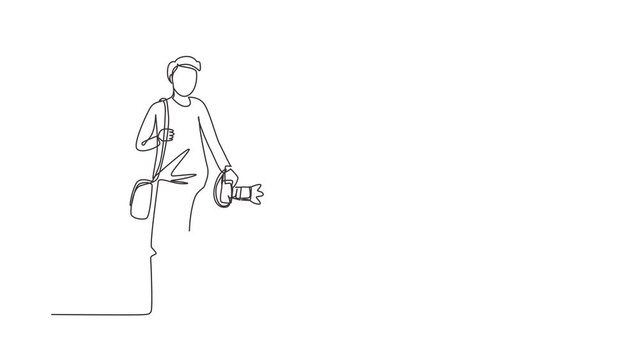 Animated self drawing of single continuous line draw hipster photographer with holding camera in photo studio. Photographer using professional camera in the studio. Full length one line animation