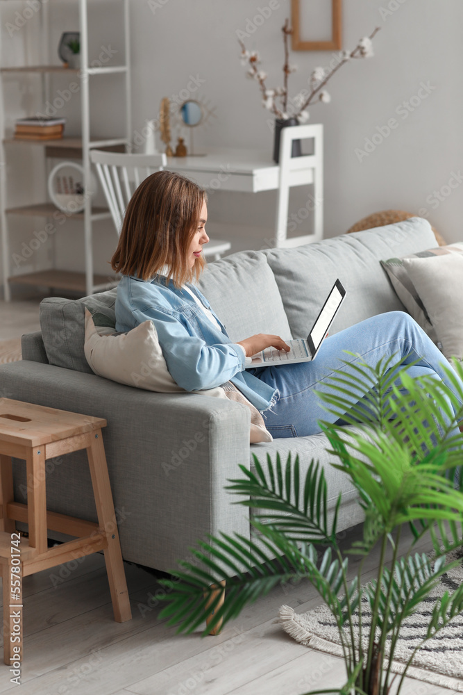 Poster Young woman using laptop on grey couch at home