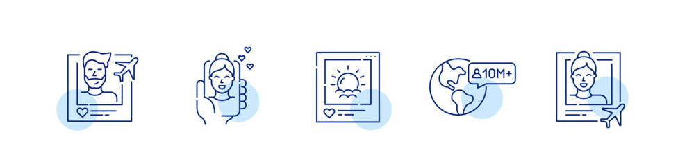 Travel blog social media icons. Airplane, sunny beach and globe destinations. Pixel perfect, editable stroke design