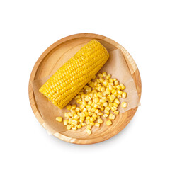 Plate with corn cob and kernels isolated on white background