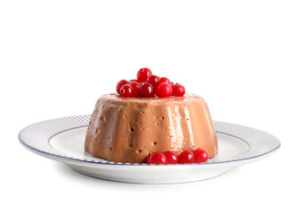 Delicious chocolate pudding with fresh cranberry on plate isolated on white background