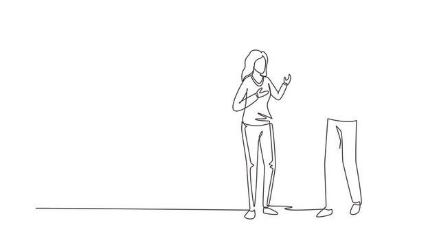 Self drawing animation of single line draw male reporter interviewing questions. Man holding interview with woman, professional journalist in conversation. Continuous line draw. Full length animated