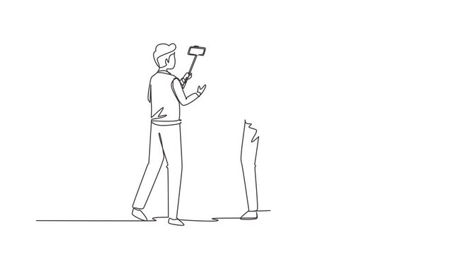 Animated self drawing of continuous line draw presenter filming video blog with operator on street. Man bloggers, journalists with professional smartphone, videographer. Full length one line animation