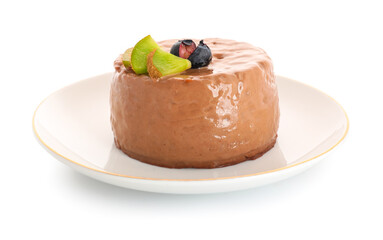 Plate with delicious chocolate pudding, kiwi and blueberry on white background