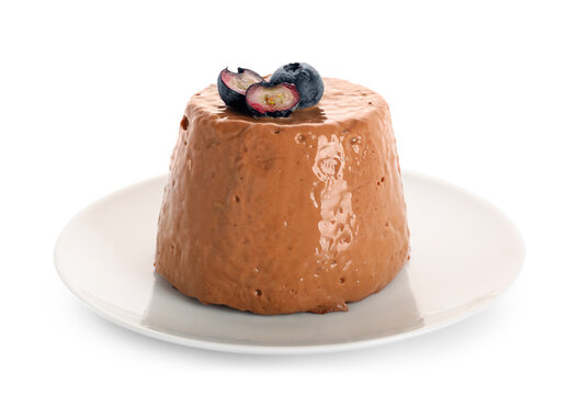 Plate With Delicious Chocolate Pudding And Sliced Blueberry On White Background