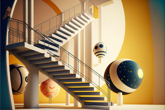 colorful stairway to nowhere in outer space with planets 